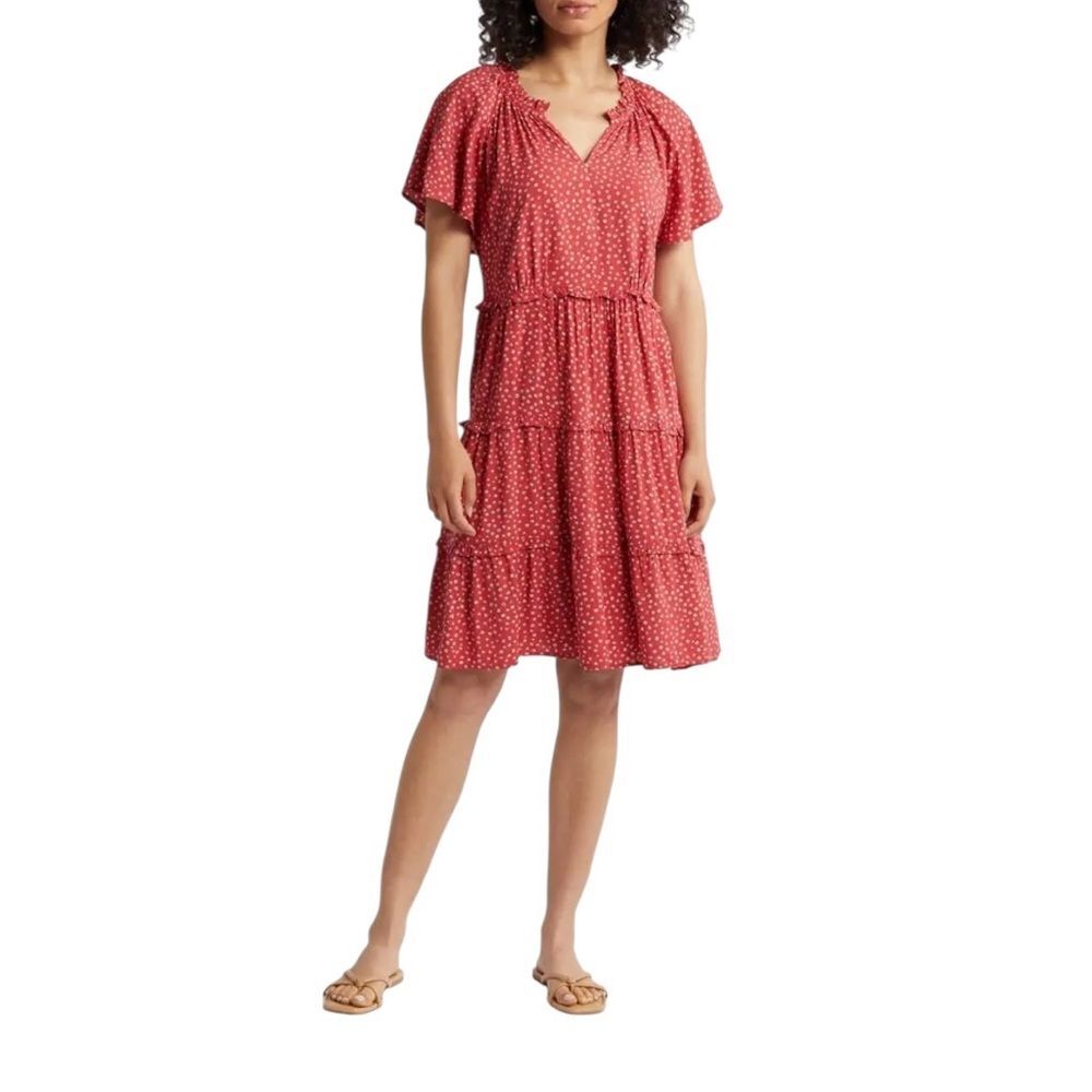 Beach Lunch Lounge Camila Floral Flutter Sleeve Tiered Dress Red Ditzies Large